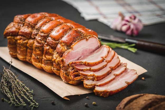 Spicy smoked ham with rosemary and kitchen knife on a black stone table Pork roll