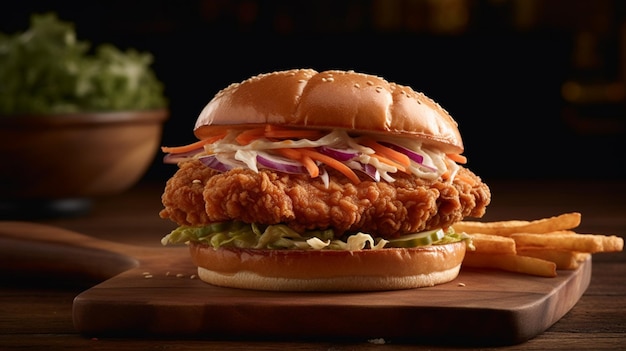 Spicy southern style fried chicken sandwich with coleslaw and pickles on wooden plate