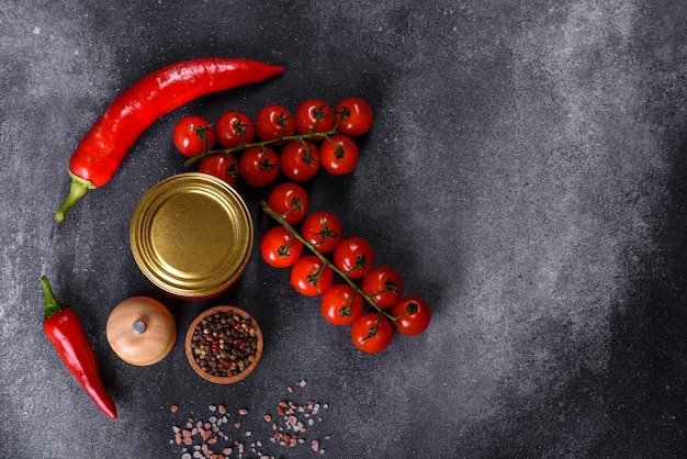 Spicy sweet tomato sauce with garlic pepper and herbs in a glass jars