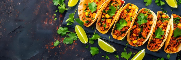 Photo spicy tacos with fresh cilantro and lime wedges