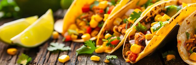 Photo spicy tacos with fresh cilantro and lime wedges