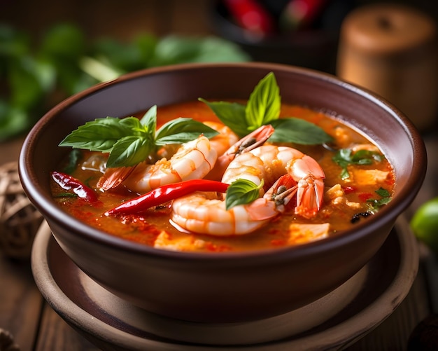 Spicy tom yum soup with lemongrass and shrimp Generative AI