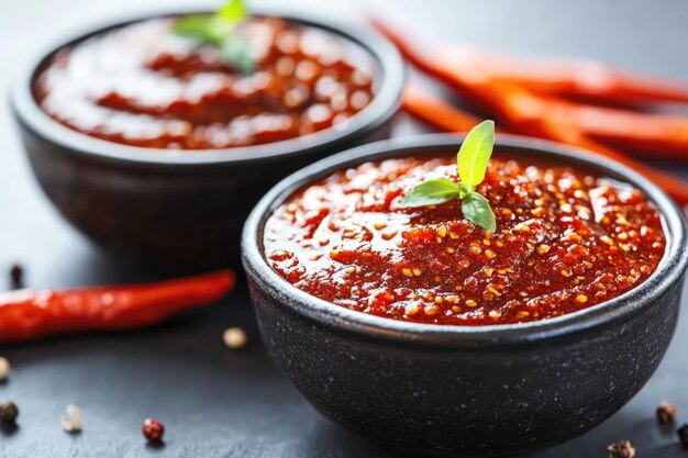 Photo spicy tomato salsa in black bowls with fresh basil and chili peppers on dark background