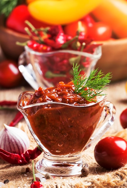 Spicy tomato sauce with pepper and garlic in a glass bowl on the vintage wooden table selective.....