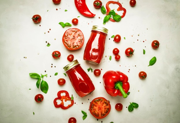 Spicy tomato smoothies or juice with bell peppers salt and green basil in glass bottles on white background top view