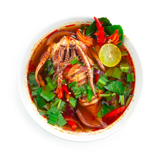 Spicy Tomyum Squids Soup Hot dish Thaifood Style decoration carving vegetables