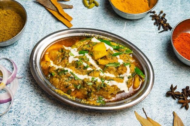 Spicy Vegetable Chili mili karahi served in a dish isolated on grey background top view of bangladesh food