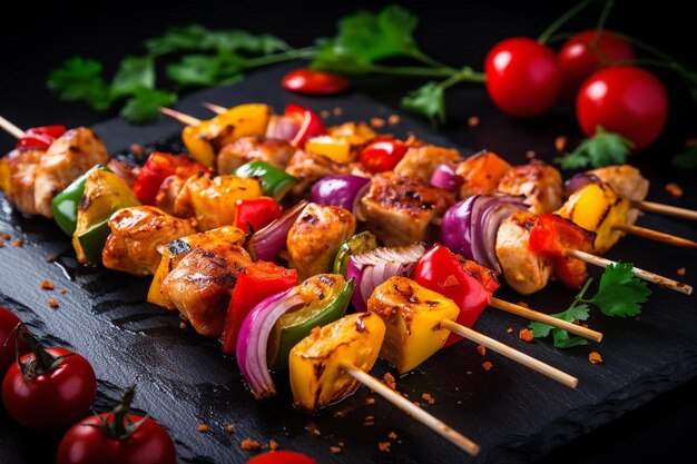 Photo spicy veggie and chicken skewers