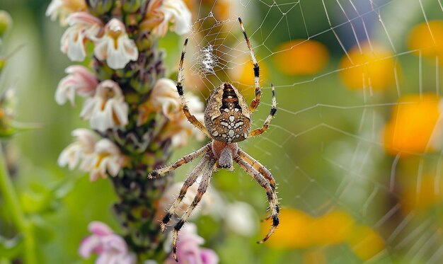 Spider BuilSpider Building Web in Botanical Flowersding Web Among Flowers