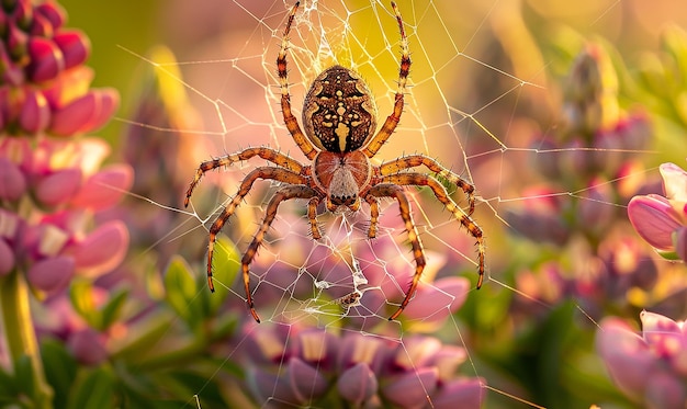 Photo spider builspider building web in botanical flowersding web among flowers