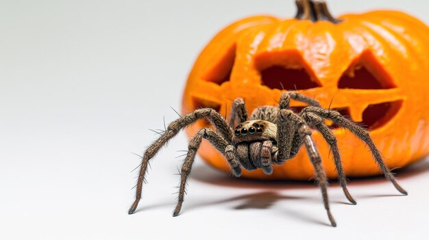 A spider next to a carved pumpkin creating a Halloweenthemed scene