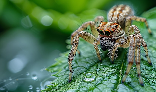 a spider on a green leaf with water drops