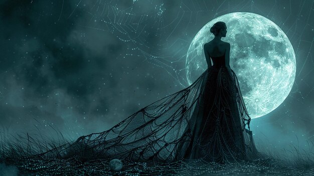 A spider in an intricate weblike gown weaving elegance and mystery moonlit night backdrop