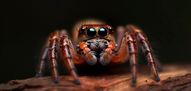 A spider is on a branch in the dark.