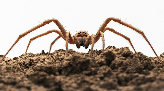 a spider is in the mud and is looking at the camera