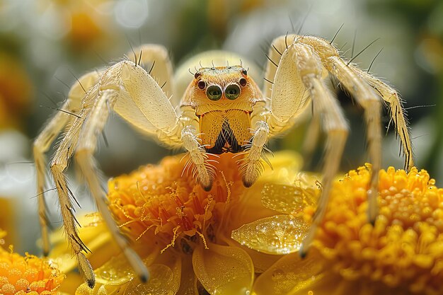 a spider is sitting on a flower with the name of the photographer