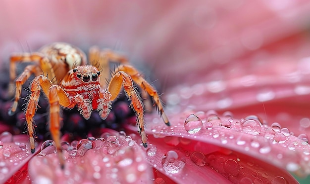 a spider on a red flower with water drops