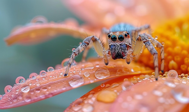 a spider on a red flower with water drops