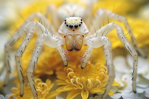 Photo a spider sits on a flower with the yellow eyes