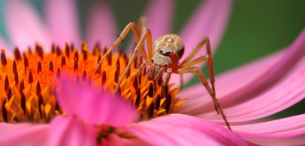 A spider sits on a pink flower in the garden.