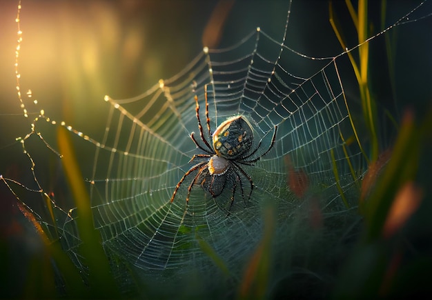 Spider sits on a web on a green background