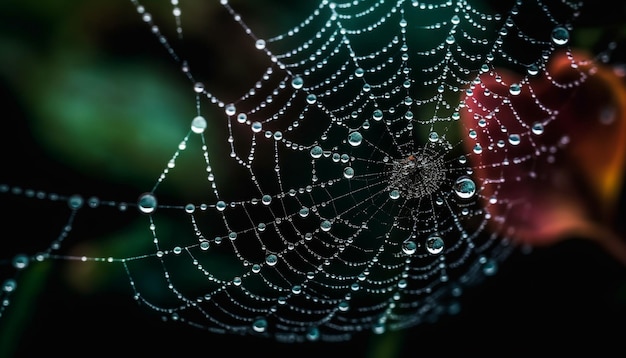 Spider spins intricate web capturing dew drops in autumn forest generated by AI