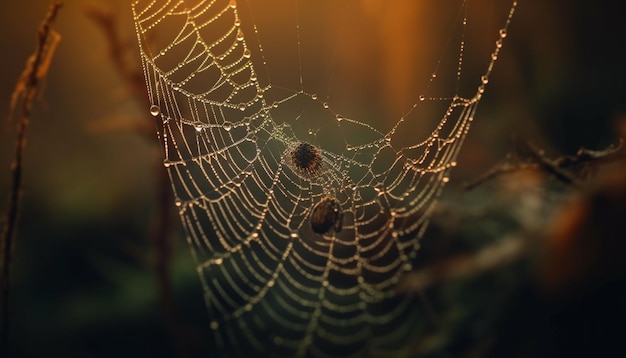 Spider spins web dew drops glisten in sunlight generated by AI