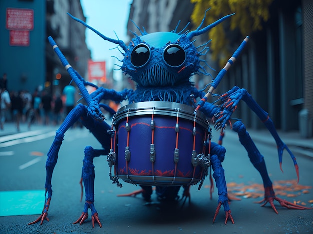 Spider street musician playing drums on the street AI generated