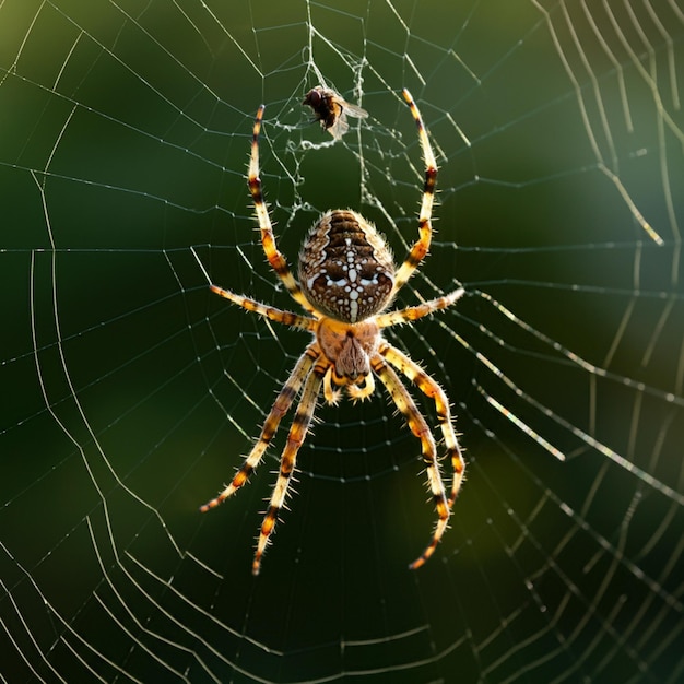 a spider that is outside with a bug in it