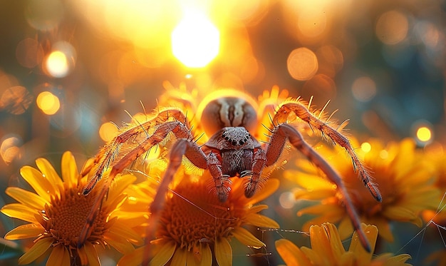 a spider that is outside with the sun behind it