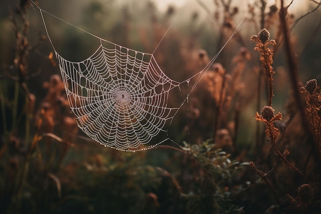 A spider web in a field with a red background