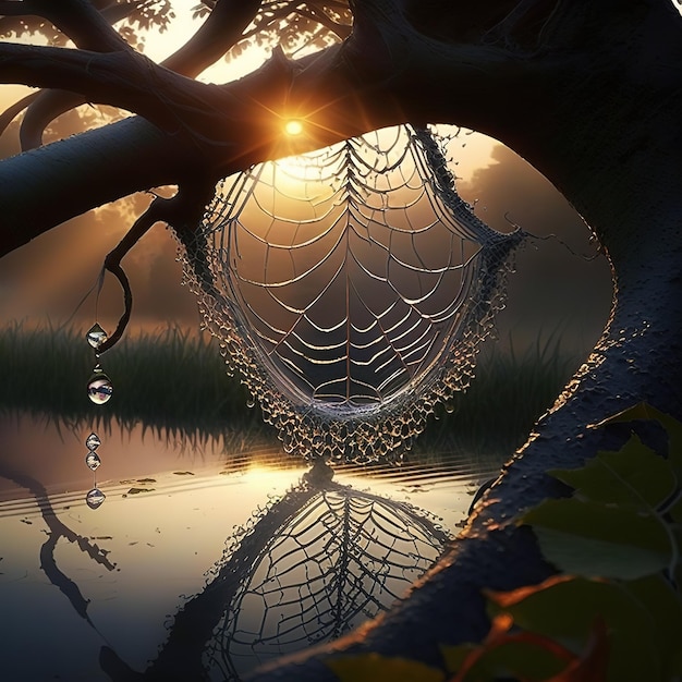 A spider web hangs in a tree with a reflection of the sun in the water.