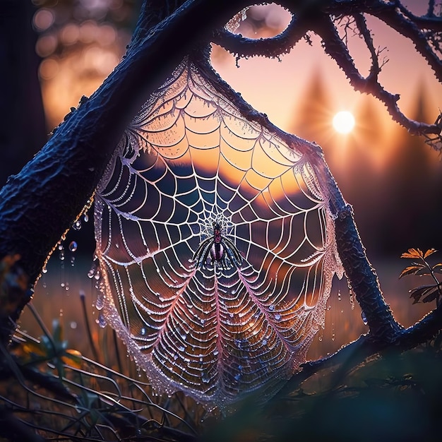 A spider web is covered in dew and is covered in dew.