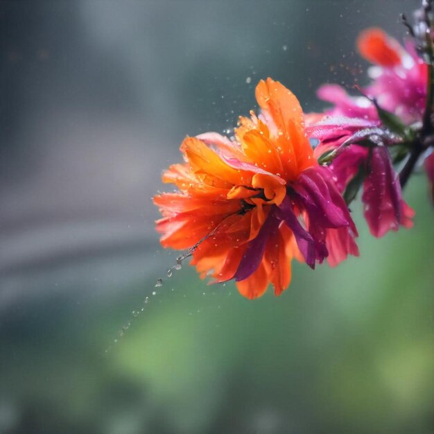 a spider web is on a flower in the rain