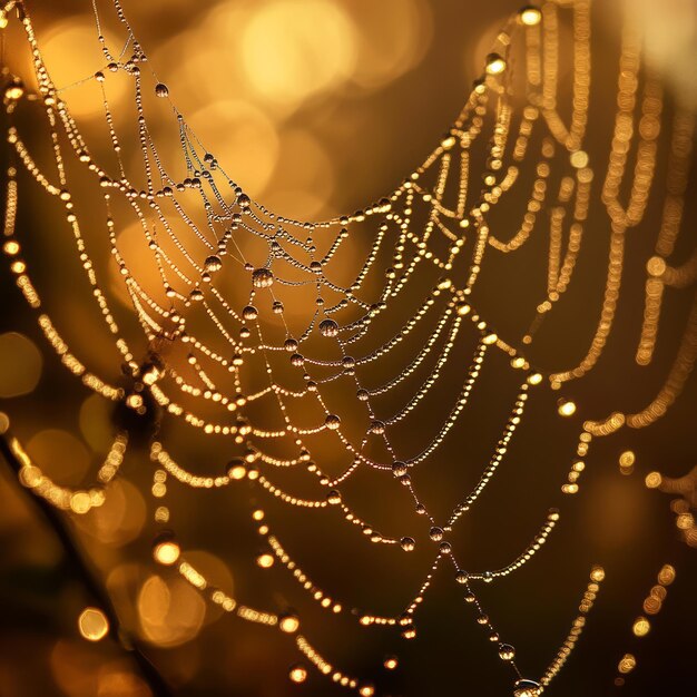 Photo a spider web with dew drops glistening in the morning light creating a beautiful and intricate pattern against a blurred golden background