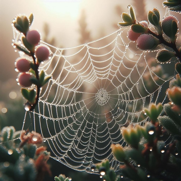 spider web with dew drops on it and the sun behind it