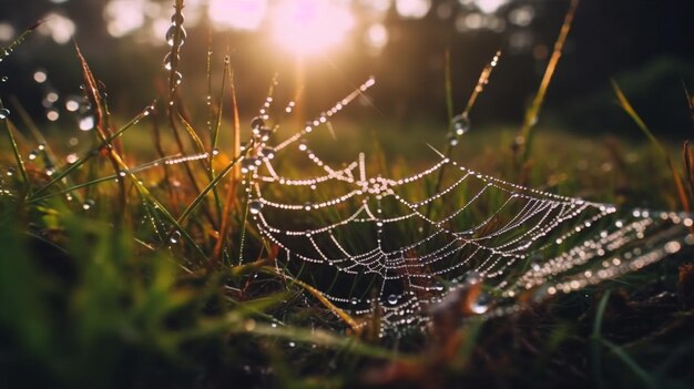 Spider web with dew drops in the rays of the setting sungenerative ai