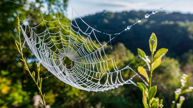 spider web with dew drops on the top