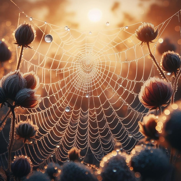 a spider web with the sun behind it