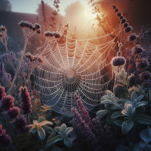 a spider web with the sun behind it