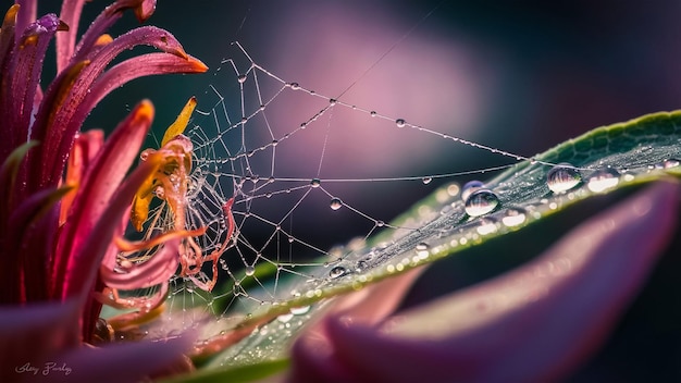 Photo a spider web with water droplets on it and a person holding a spider web