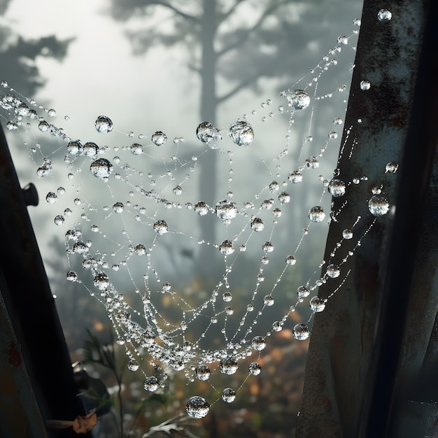 Photo a spider web with water droplets on it and a tree in the background