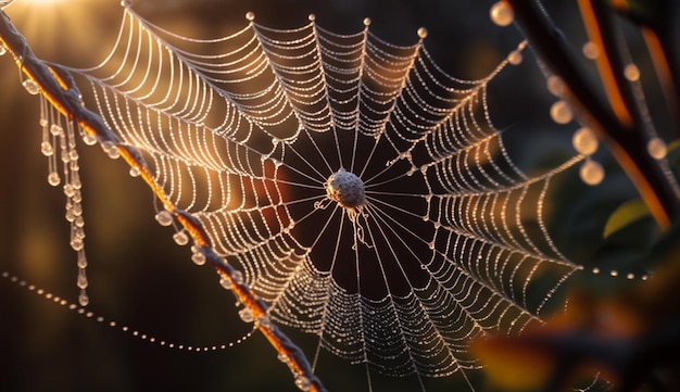 A spider web with water droplets on it