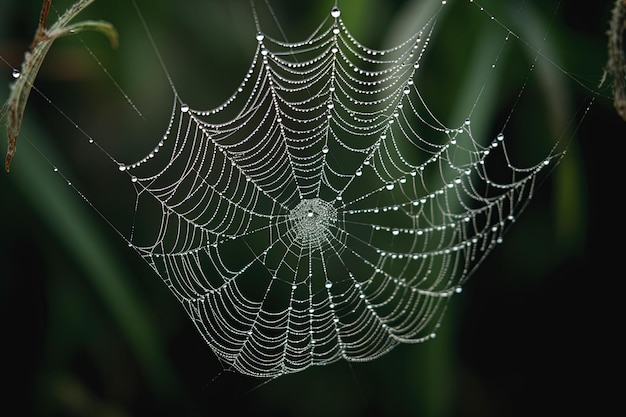 A spider web with water droplets on it