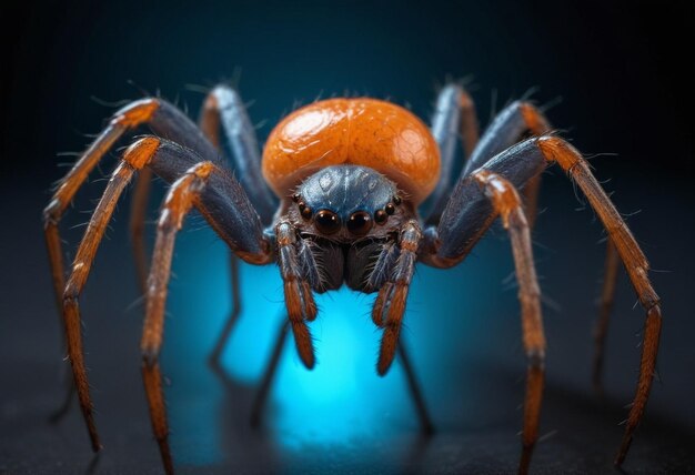 a spider with a black face and orange eyes sits on a blue background