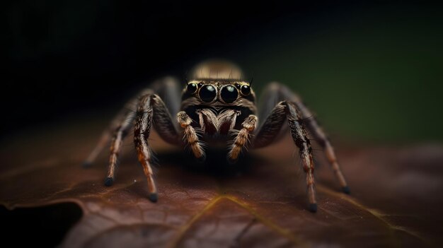 A spider with a black face sits on a leaf.