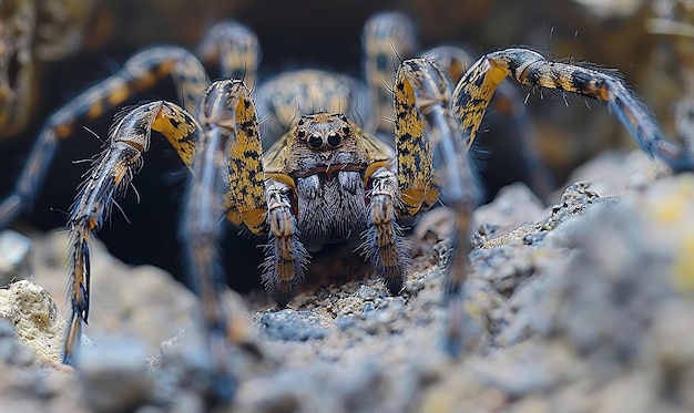 a spider with a black face and yellow stripes is sitting on a rock