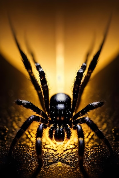 A spider with black legs and black stripes on its back sits on a yellow surface.