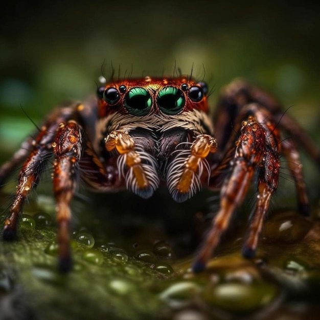 A spider with green eyes and green eyes is sitting on a green leaf.