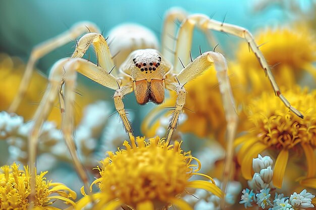 a spider with a white face is surrounded by yellow flowers